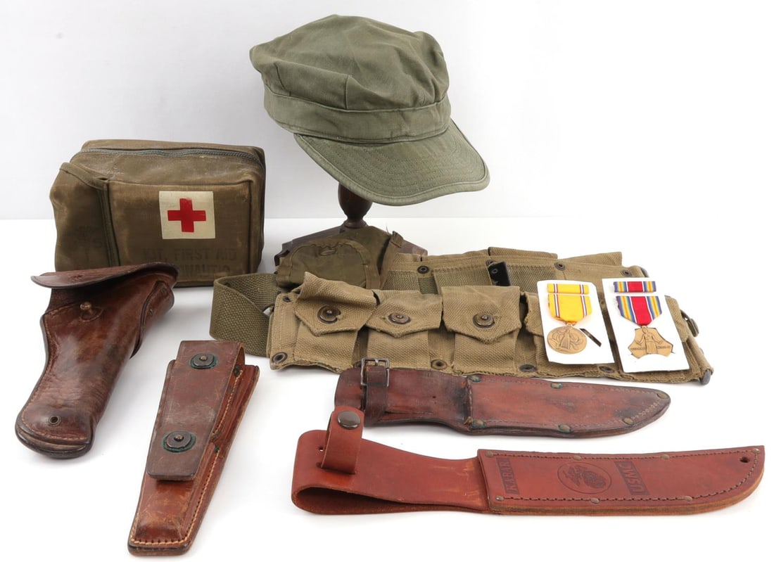 WWII US MILITARY HOLSTER MED KIT & GEAR LOT OF 10: Lot of ten (10) pieces. Includes US aeronautics first aid kit (with original packaged bandages, dressings, etc.), US M1911 leather holster (reverse stamped "Warren Leather Goods Co 1918"), canvas belt