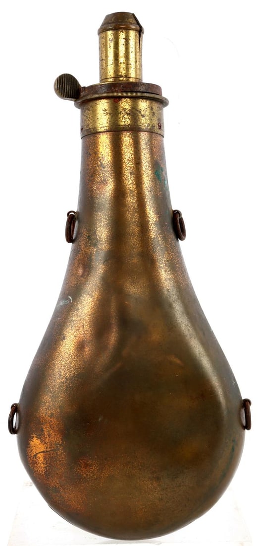 CIVIL WAR CONFEDERATE POWDER FLASK: Confederate powder flask. Marked 'James Dixon & Sons - Sheffield' underneath the nozzle. 4 X 9 inches, 4 inch diameter on bulb. Very good condition.