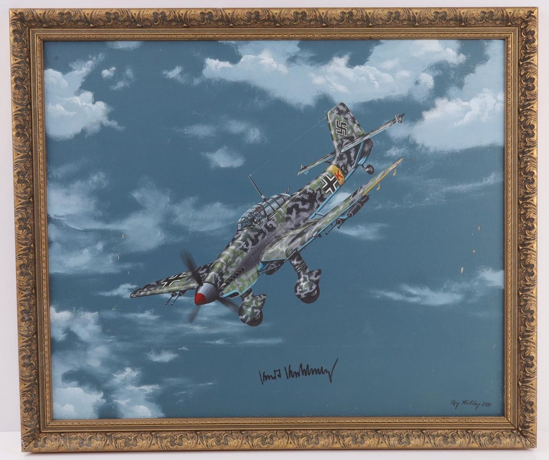 RAY WADDEY JU 87 STUKA WWII THIRD REICH LUFTWAFFE: 27 X 18 inch framed Ray Waddey painting of a German Luftwaffe Ju-87 Stuka dive bomber in snow camoflage carrying bombs ready for a dive strike. The painting is set in a patterned frame reinforced with