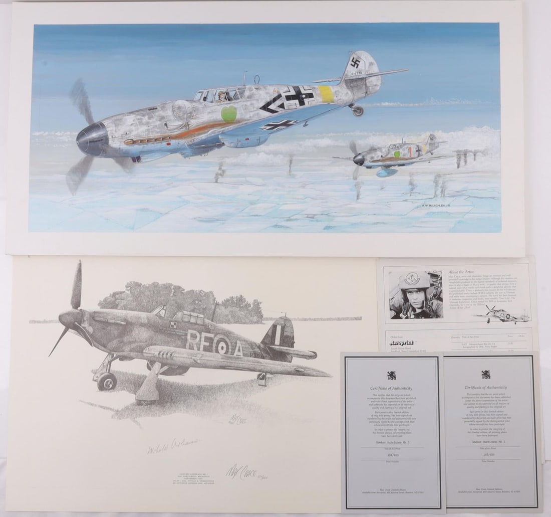 LOT OF 2 WWII RAF BRITISH LUFTWAFFE GERMAN PRINTS: Lot of two (2) prints of paintings (21 X 17 and 18 X 28 inches) done by Archie McLachlen and Max Crace of WW2 fighter planes. The first is the McLachlen print of two BF-109 Messerchmidt fighter planes