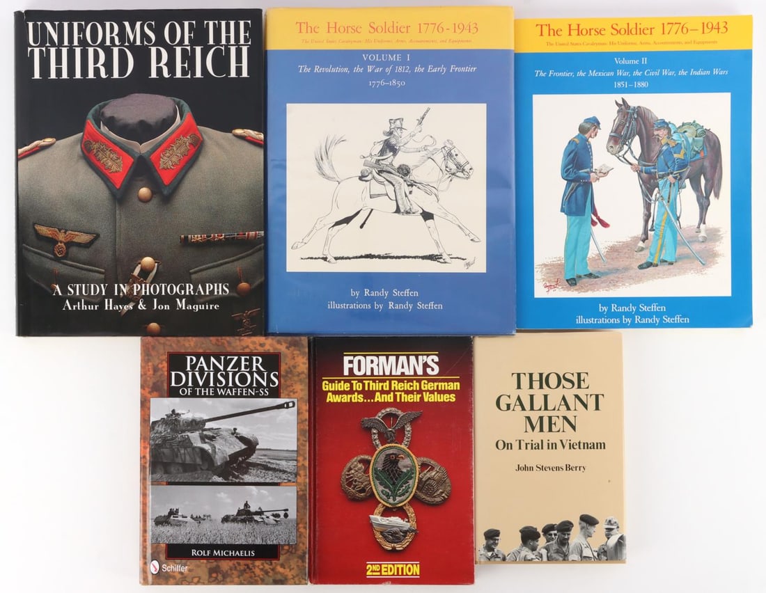 LOT OF 6 BOOKS WWII THIRD REICH AWARDS US UNIFORMS: One copy of "Those Gallant Men On Trial" Written by John Stevens Berry, copyright 1984. Signed as a gift to Captain James Robert Hughes, who served with the 82nd Airborne Division. One copy of "Panzer
