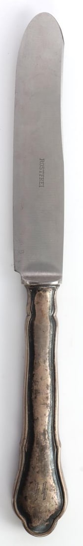 WWII GERMAN SS ROSTFREI BUTTER KNIFE .800 SILVER: Unpolished SS runes on handle, stamped .800 silver, 8 3/4 inches.