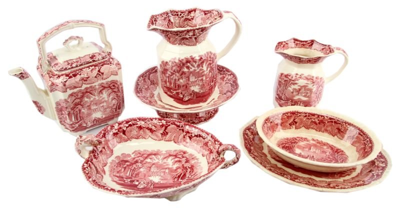 SEVEN VINTAGE MASONS RED VISTA SERVING PIECES: Included is a large kettle tea pot in very good condition with one minor chip on inside bottom of lid. There is an eleven inch "dragon" serving bowl in very good condition. There are two pitchers one 
