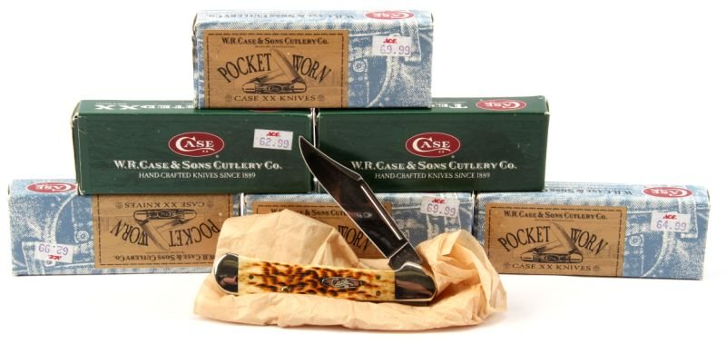 ANTIQUE BONE CASE CUTLERY KNIFE LOT OF SIX: Antique Natural Bone Case knife lot of 6. Silver-nickel bolsters and Case XX logo inlay. Models included: Hunter (TH62165 SS), Sowbelly (TB6339 SS), Copperlock (61549L SS), Muskrat (Muskrat SS), Baby 