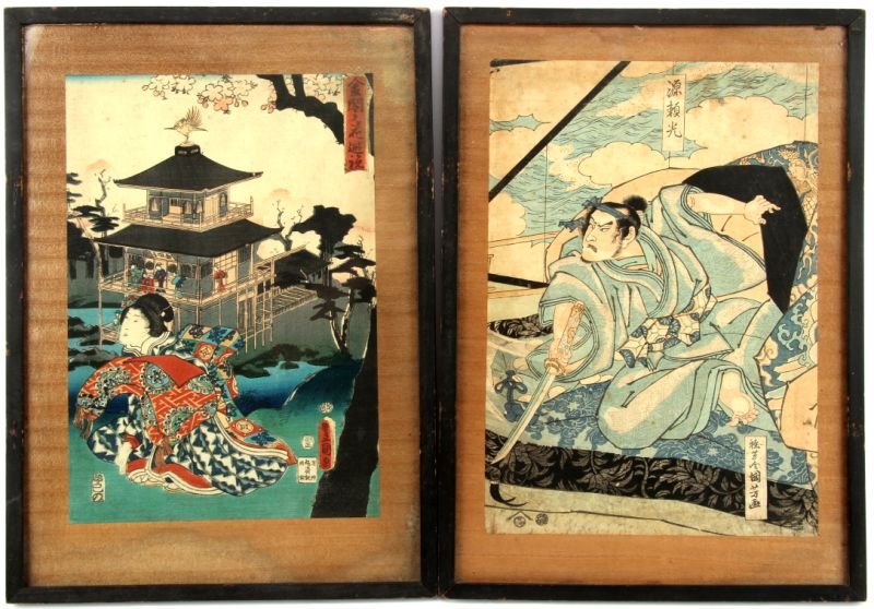 19TH C. JAPANESE UKIYO-E WOODBLOCK PRINTS: Mid- to late-19th century named Japanese Ukiyo-e woodblock prints: one with Aratame seal depicting a Geisha in front of a Muromachi period building. Another of a Samauri with Kiwame seal. Both measure