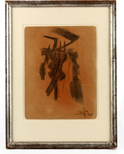 WIFREDO LAM INK AND CHARCOAL DRAWING ON PAPER: Wifredo Lam (Cuban, 1909-1982) abstract figures in ink, charcoal, conté on brown paper. Measures approximately 13.25 by 10.25 inches, 21 by 16 inches framed. Singed in the lower right corner and date