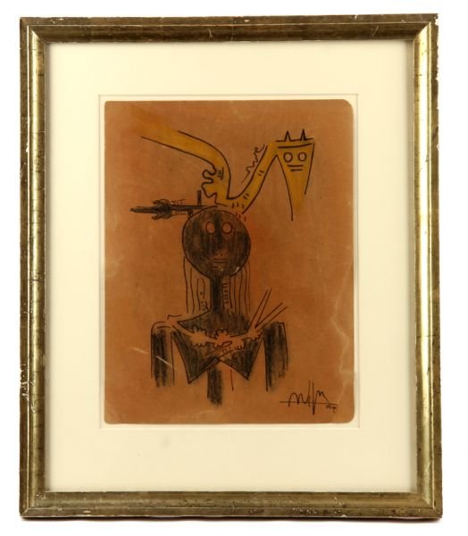 WILREDO LAM MIXED MEDIA GOUACHE, INK, & CONTE: Wifredo Lam (Cuban, 1909-1982) abstract figures in ink, conte, and yellow gouache on brown paper. Measures approximately 13.25 by 10.25 inches, 21 by 16 inches framed. Singed in the lower right corner