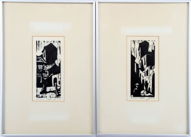 JACOB PINS WOODBLOCK PRINTS 1960: Jacob Pins (German-Israeli, 1917-2005) pair of singed, numbered, and dated woodblock prints. Both prints are heavy black cityscapes and measure approximately 5.5 by 9.5 inches, 12.25 by 18 inches fram