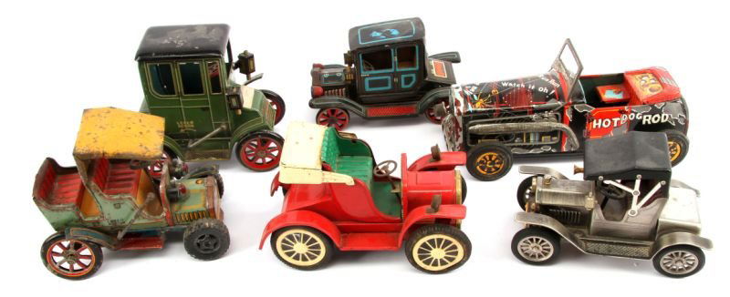 SIX ANTIQUE TIN TOY AND WIND UP CARS: Includes one friction car that reads 1908 and Japan (very good condition), Friction car Hot Dog Rod (fair to good condition, missing head light), one friction car reads Japan NO-1427 (god condition),