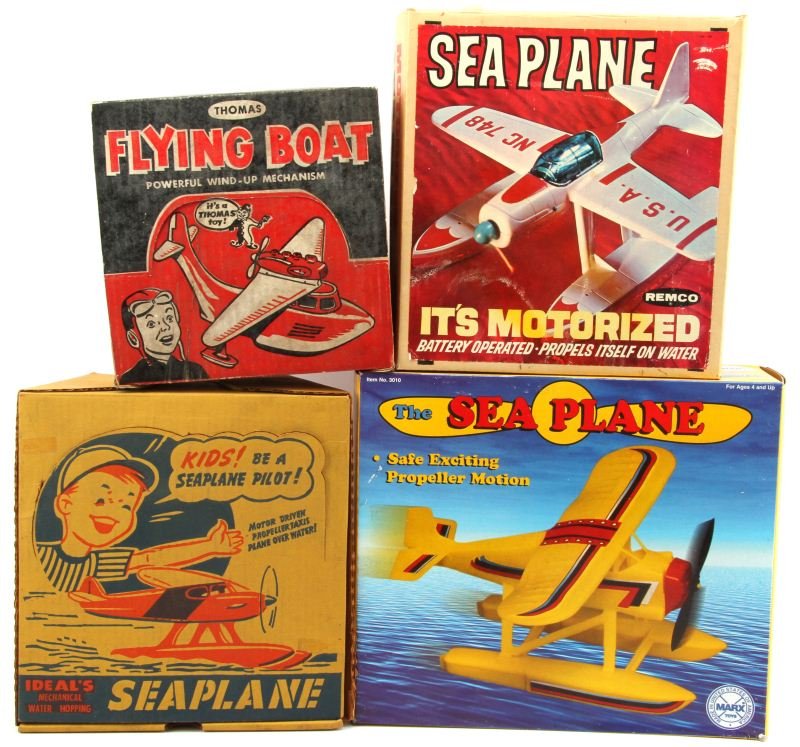 ANTIQUE TOY SEA PLANE LOT IDEAL MARX THOMAS REMCO: Includes Ideal's mechanical water hopping seaplane, made of tough hi-impact plastic; Thomas Flying Boat, wind up, number 400, made of high impact break resistant material; The Sea Plane made by Marx,
