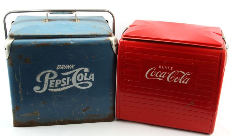 ANTIQUE BUVEZ COCA COLA & PEPSI COOLER LOT: French or Canadian Coca Cola cooler good original condition but some small rusted through the outer metal spots, also a Pepsi but with more paint loss overall good.