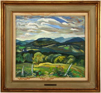 NORA F COLLYER ORIGINAL OIL ON BOARD PAINTING: Nora Frances Elizabeth Collyer (AKA: Nora Collyer)(Canadian 1898-1979) was a painter and art educator. She was born and died in Montreal, Quebec, Canada. Entitled "Hills near Knowlton", oil on board,