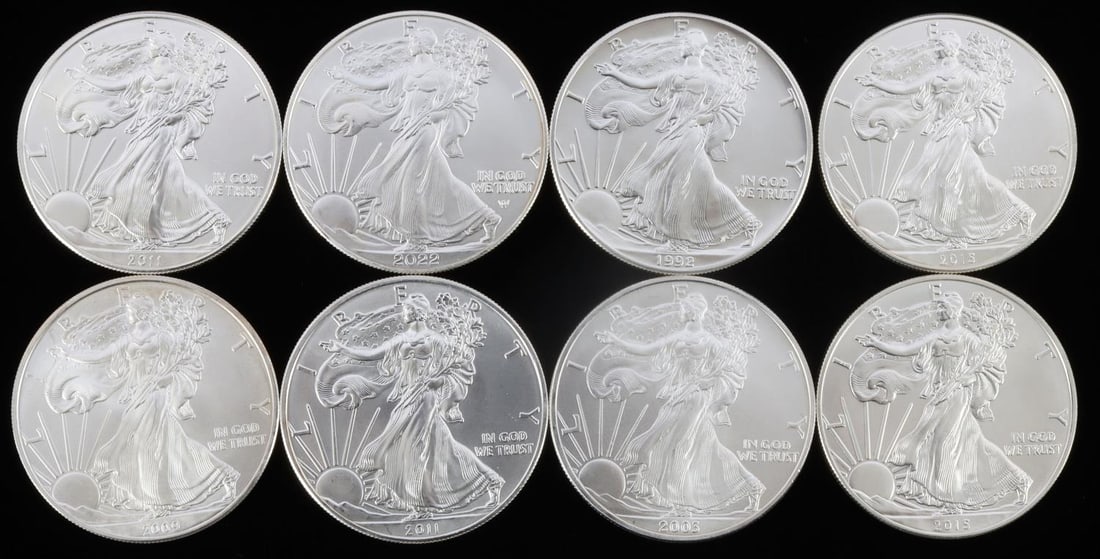 8 MIXED 1 OZT OUNCE SILVER AMERICAN EAGLE COIN LOT: Brilliant uncirculated. 7 2011 And 1 2003. This lot has a reserve.