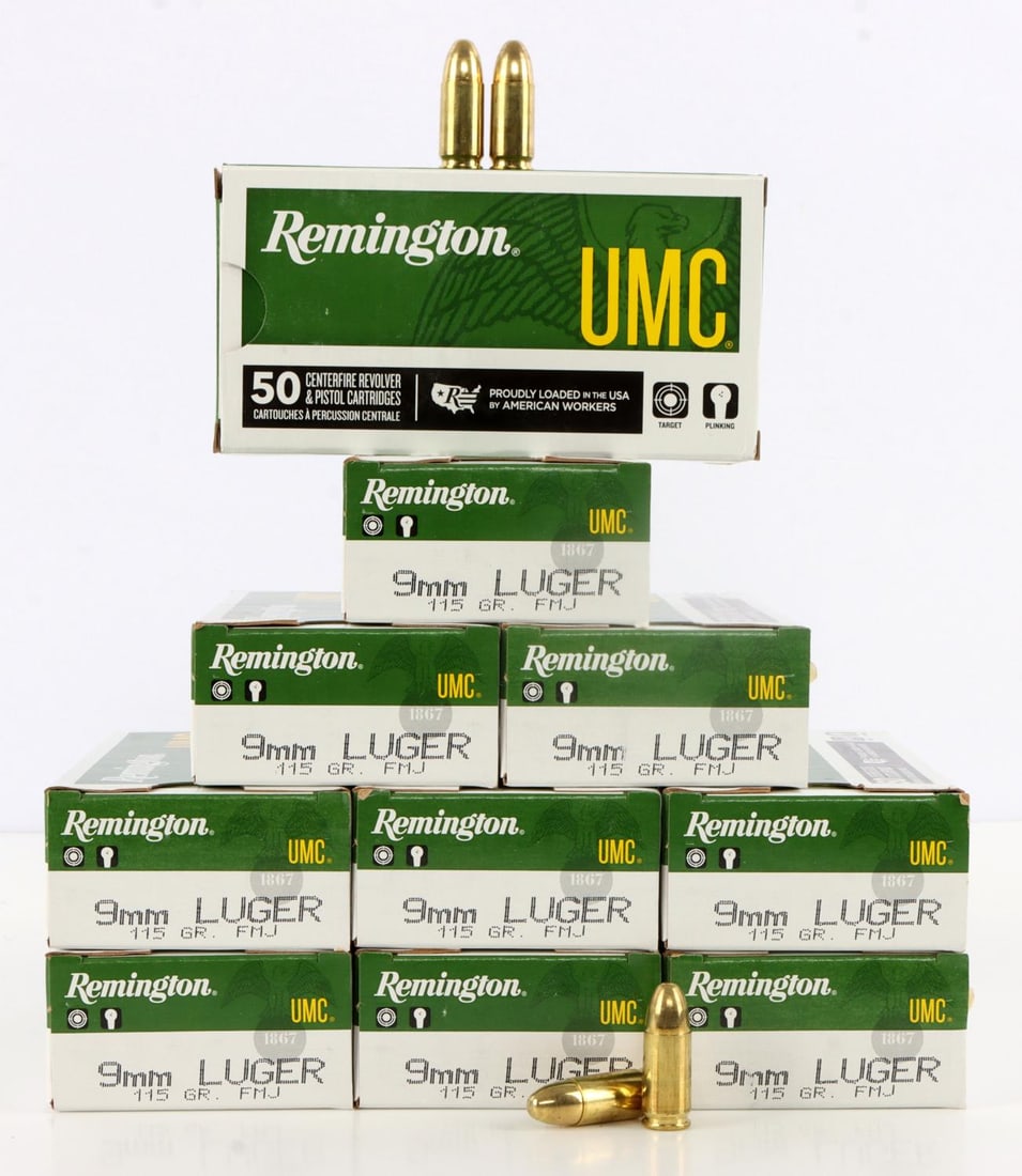 500 RDS REMINGTON 9MM LUGER 115 GR FMJ AMMO: 10 boxes, 50 rounds each for 500 total rounds of Remington UMC 9mm Luger 115 Grain Full Metal Jacket Ammunition. No international shipping. Know your state laws prior to bidding. This lot has a reserv