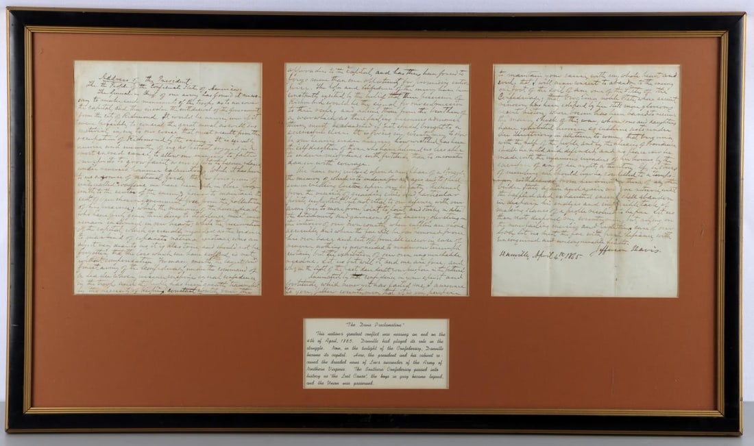 JEFFERSON DAVIS SIGNED CIVIL WAR FINAL ADDRESS: Handwritten text of Jefferson Davis's final address made as President of the Confederate States of America across three pages. Third page bears signature of Jefferson Davis and is dated April 4, 1865.