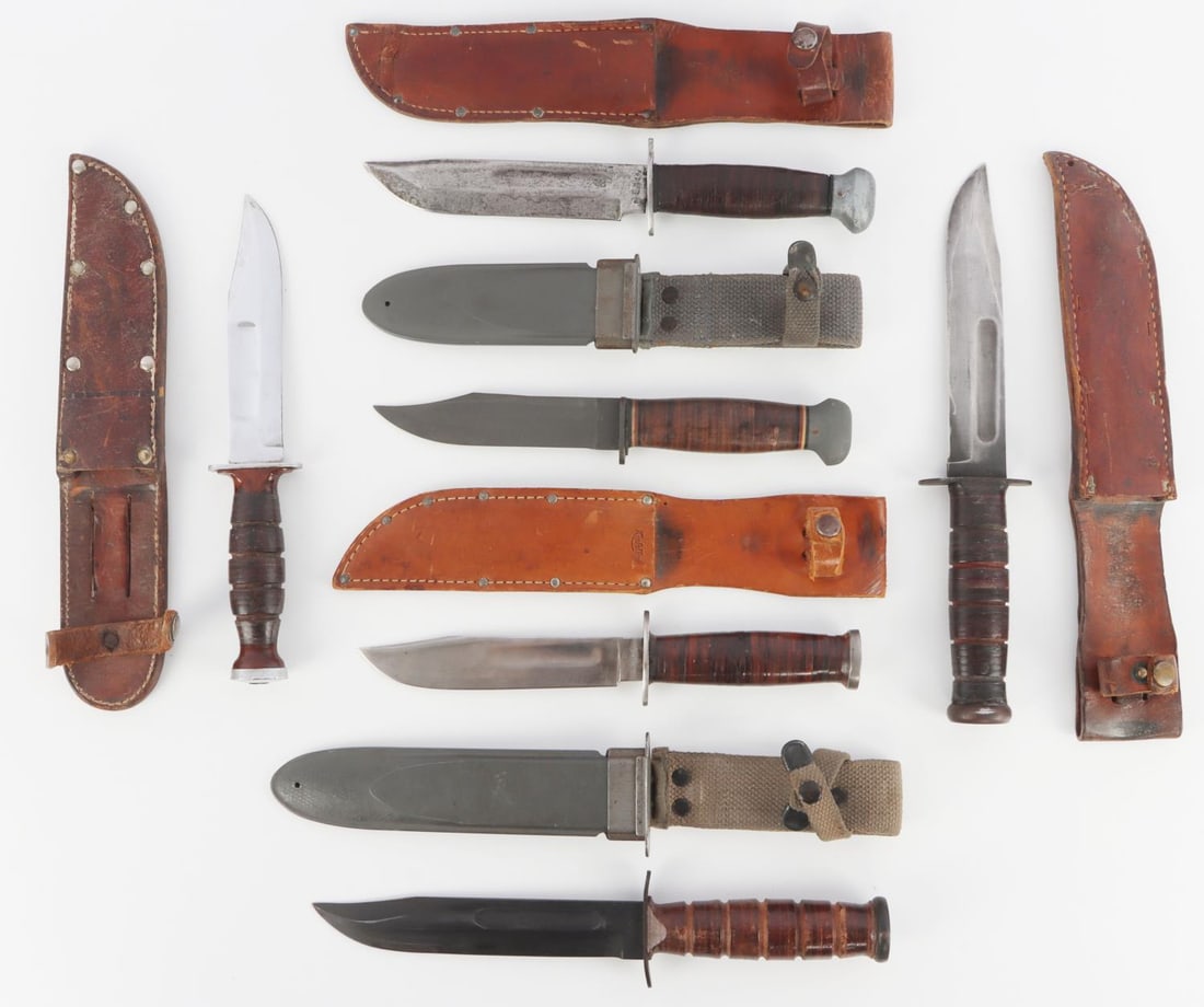 WWII VIETNAM US COMBAT KNIFE KA BAR KINFOLKS LOT 6: Lot of six (6) original US military combat knives with sheaths. Includes Ka-bar USMC combat knife (7-inch blade). Ka-bar knife with bright finish and bakelite spacers (6-inch blade, some looseness in 