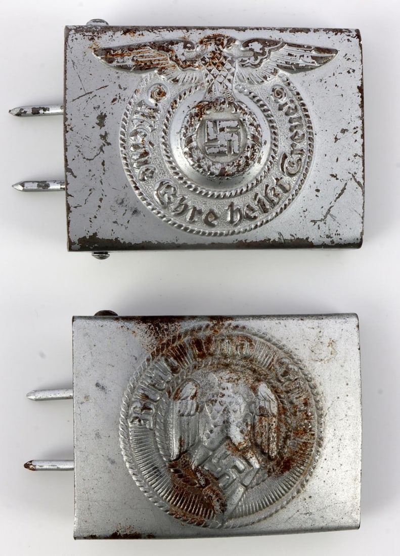 2 WWII GERMAN THIRD REICH SS AND HITLER YOUTH BELT: SS men's belt buckle, stamped "RZM 155/43". Silver aluminum finish, magnetic core. Hitler Youth belt buckle. Silver aluminum finish, magnetic core. Ranging from 2 1/2 to 2 5/8 inches long. This lot ha