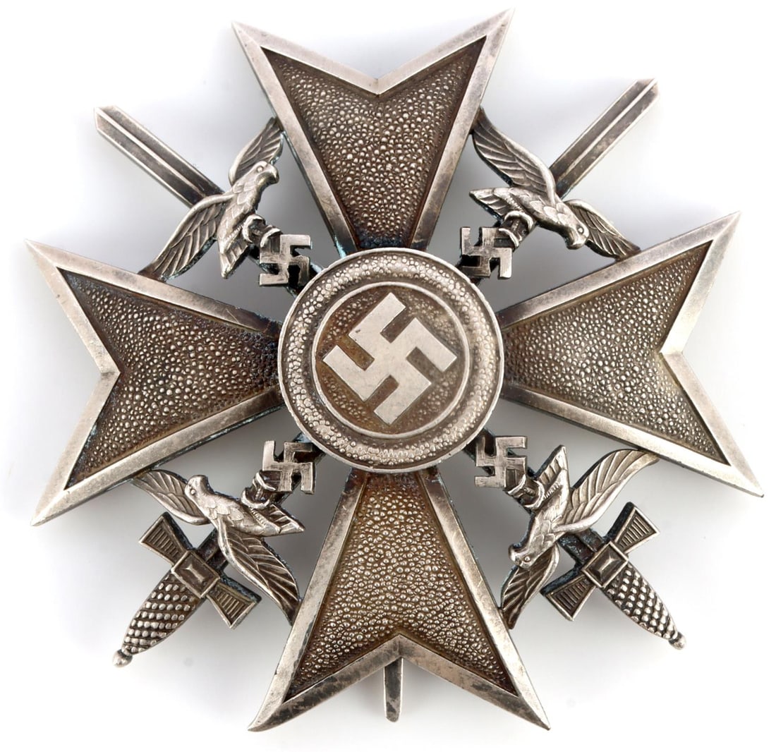 WWII GERMAN THIRD REICH SPANISH CROSS CONDOR: Maltese cross with a swastika in center, flanked by Luftwaffe eagles and backed with crossed swords. Stamped L/13 for Paul Meybauer. Coke bottle pin, but shows slight evidence of repair. 2.5 X 2.5. Ve