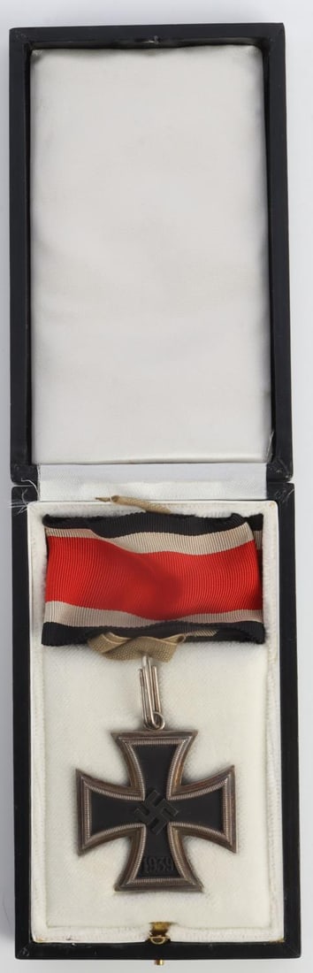 WWII GERMAN THIRD REICH KNIGHTS IRON CROSS: Two-piece silver frame with lacquered iron core. Marked with sideways "2" and 800 on reverse. Ribbon loop is marked 800. 1 7/8 inches. Very good condition. Includes case. This lot has a reserve.