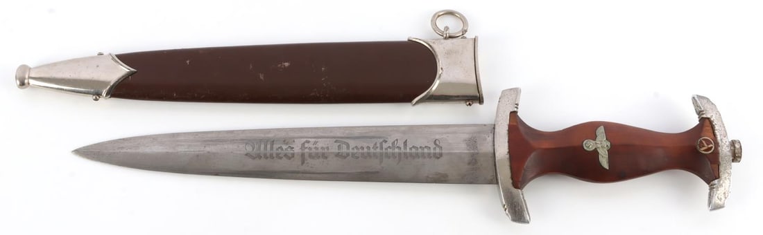 WWII GERMAN THIRD REICH SA HONOR DAGGER: Standard acid etched blade with motto. Maker marked Gebr Grafrath and RZM M7/30. Non-magnetic nickel plated crossguards. Wooden grip with inlaid eagle and SA runes. 14.75 inches. Very good overall con