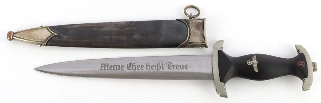 WWII GERMAN THIRD REICH ERNST ROHM SS DAGGER: WWII German Third Reich SS Ernst Rohm dagger M1933. Acid etched blade. E. P. S maker. Crossguards are nickel with "5" engraved on top. Ebonized wood grip. 13 3/8 inches. Tang features factory casting 