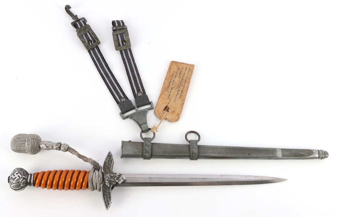 WWII GERMAN LUFTWAFFE OFFICER 2ND DRESS DAGGER: WWII German Third Reich Luftwaffe 2nd Model Officer's dress dagger, Crossguard, and Portapee. Blade in very good condition, stamped with maker, "Alcoso Stahlwarenfabrik (ASC)". Steel blade, nickel fin