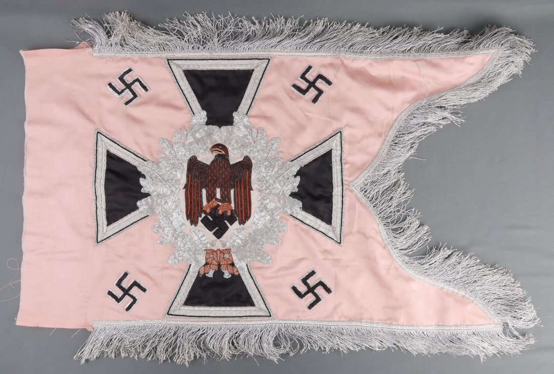 WWII GERMAN HEER PANZER STANDARD FLAG SWALLOWTAIL: WWII German Panzer standard swallowtail flag. Pink with silver bullion laurel wreath. Heer Reichsadler and swastika in middle. Double-sided and bordered with silver bullion fringe. Approx. 34 X 22 inc
