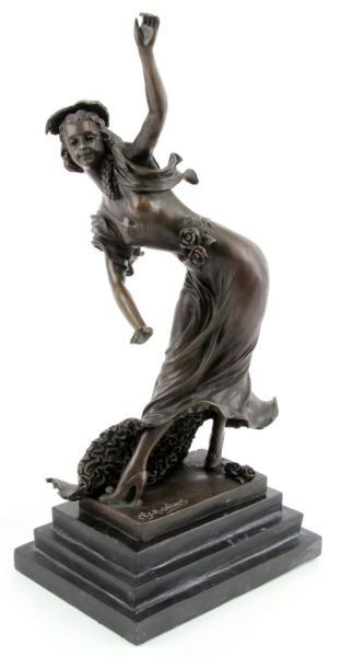 CLAIRE JEANNE ROBERTE COLINET ART NOUVEAU BRONZE: Signed on base "CL.J.R. Colinet" (French 1885-1948). Bronze on stepped slate base standing 14 inches tall overall. Very good condition with wonderful patina.