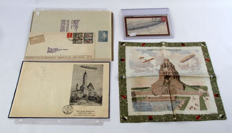 GRAF ZEPPELIN MEMORABILIA: Memorabilia includes first day dinner sheet the Graf Zeppelin over New York, a Handkerchief, Letter from the first trip across the Atlantic with stamps on the envelope, and a envelope sent from New Yo