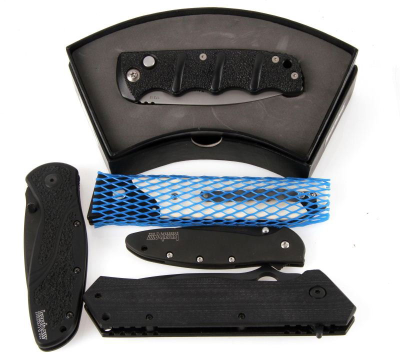 LOT OF 5 FOLDING KNIVES BOKER KALISHNIKOV SOG: Lot of five folding knives. Kershaw 1660 & 1670, Boker Kalashnikov commemorative, Camillus Titanium, and one automatic knife marked "DALTON" on blade. All in very good to excellent.