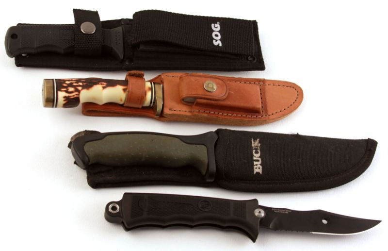 LOT OF FOUR HUNTING & UTILITY KNIVES BUCK & MORE: Lot of four knives. Buck 655 with worn sheath; Schrade 153 UH, with blade in need of cleaning; SOG Seal Pup in excellent condition; SOG revolving knife & saw, excellent condition.