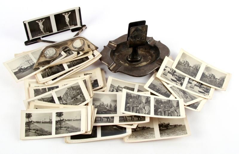 DEUTSCHLAND RAUMBILD 3-D STEREO VIEWER AND ASHTRAY: German Raumbild- Verlag 3D Glasses comes with 60 photos. Hermann Goring ashtray with match holder. Both items are in very good condition.