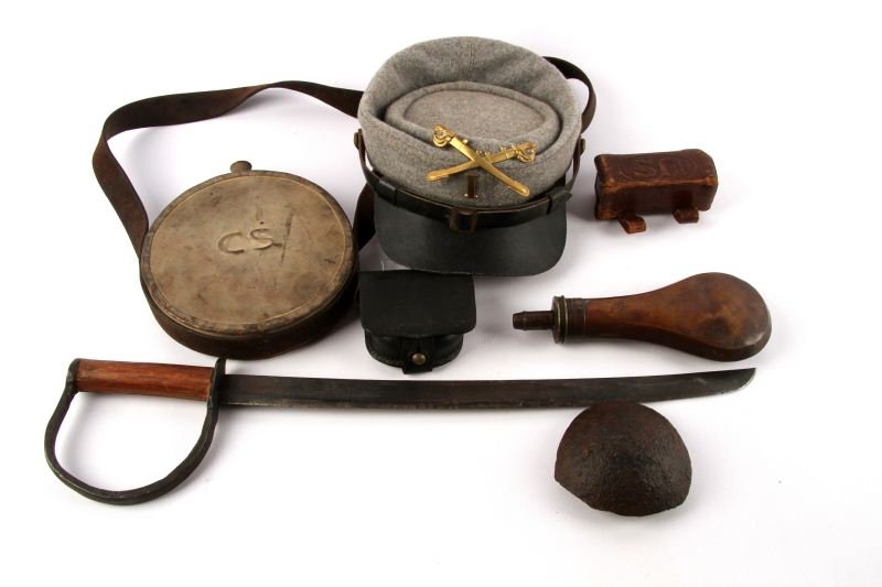 CIVIL WAR AUTHENTIC & REENACTOR SWORD KEPI POUCH: Reenactor items consist of CSA Kepi, Canteen, the sword blade is authentic but the handle is new, nice authentic James Dixon powder flask, authentic Ammo pouch, cannonball fragment, lastly, a 1910 Roc