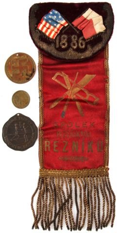 MEDAL TOKEN LOT CZECH AMERICAN BOXING BOY SCOUT: 1886 bullion ribbon from Czech American Butchers meeting in Chicago, 1863 Mercantile token Troy New York, BSA Excelsior shoes with Good Luck Swastika reverse, lastly Schoffield Barracks Boxing Trophy 