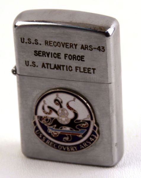 VIETNAM-ERA USS RECOVERY (ARS43) LIGHTER DUI: Marked "U.S.S. Recovery ARS-43 Service Force U.S. Atlantic Fleet", has the Recovery DUI, and the bottom is marked "Vulcan Japan" initials "GAG" are also scratched into bottom. in very good to excellen