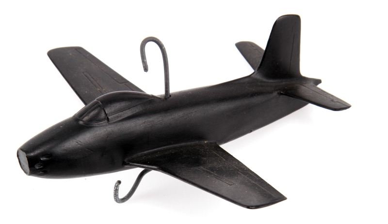 CRUVER USN FIGHTER FJ-1 RECOGNITION MODEL: Date 1938-44, scale 1/200, black, and made of acetate. Measures 5.75 inches long with a wingspan of 6.5 inches. Overall in very good condition.