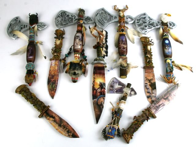 NATIVE AMERICAN ART BRADDFORD EXCHANGE: Warrior Knife After the Storm by Russ Docken (A3997); Sign of The Wolf by Al Agneu (A6718); Timber King by Greg Alexander (A1272) Deer antler broken; Moonlight Call (4210B); Spirit of the hunt by Al A