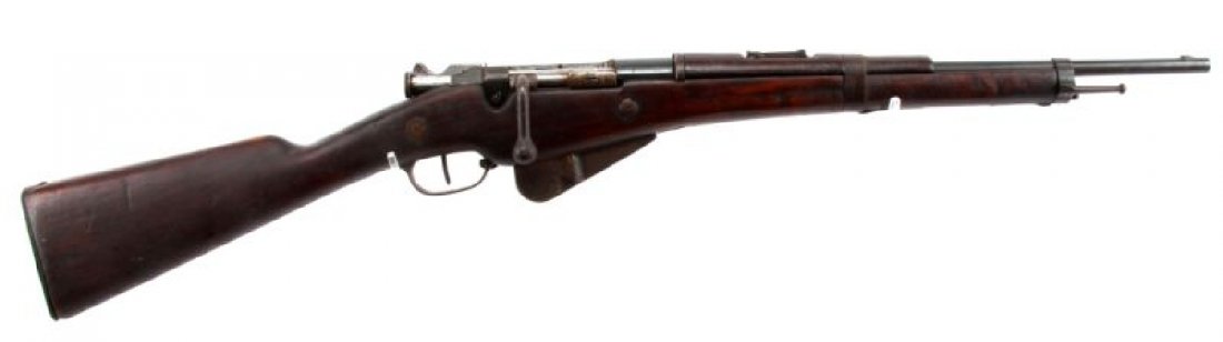 FRENCH MLE 1892 BERTHIER CARBINE MATCHING: French Mle 1892 Berthier Carbine with all matching numbers. Chatellerault armory marked Bore is good, with minor frost in grooves. Appears to have been re-glued, and shows some surface rust. Stock sho