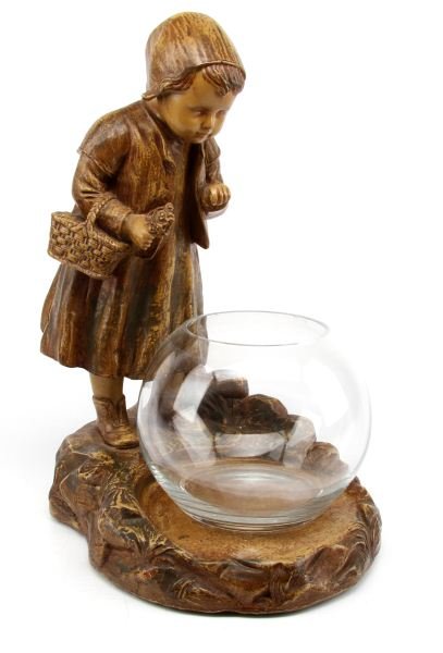 VICTORIAN STYE PLASTER FISH BOWL BASE: 16 inches tall by 12 inches wide and featuring a young girl peering into the bowl. She holds a basket in her right arm. Inscribed on back with "1822". Round bowl is included. Very good condition with