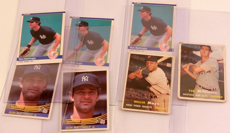 WILLIE MAYS 10 TED WILLIAMS 1 DON MATTINGLY 248: Seven card lot consisting of Willie Mays Topps 10, 3/4, Ted Williams Topps 10, 2/3, three Mattingly cards Fleer 131 mint, Mattingly, Topps 248, two mint cards.
