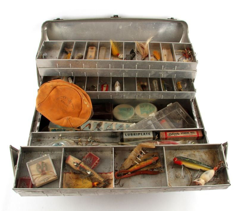 VINTAGE METAL MY BUDDY TACKLE BOX FULL OF TACKLE