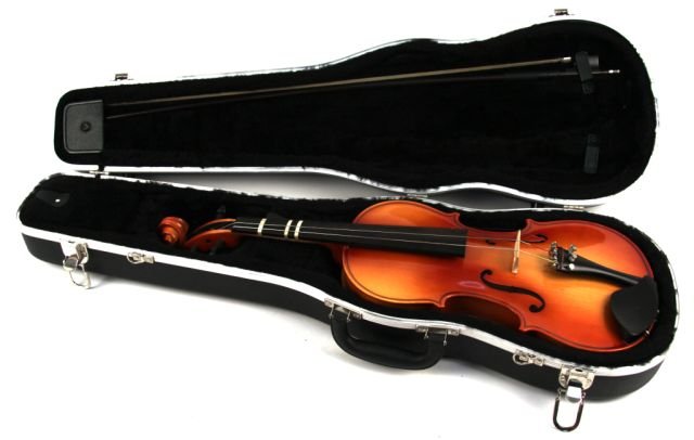 K SCHILLER STUDENT VIOLIN WITH BOW & CASE: K Schiller 23 inch, 1/2 size student violin in very good condition with hard case and Glasser bow.
