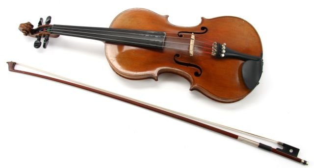 JACOBUS STAINER VIOLIN WITH BOW & CASE: One violin in fine condition; spruce top, two piece maple back, maple sides, maple neck. Cremona bridge. Schuster bow included. Hard shell case included. Back measuring 14 inches in length.