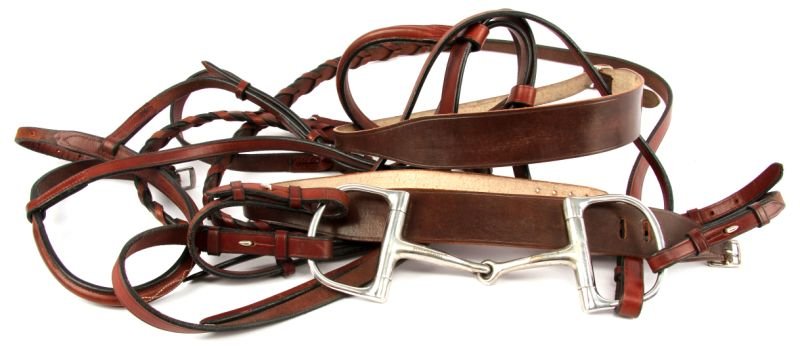 FANCY BROWN LEATHER HORSE BRIDAL WITH BIT & REINS: Like new show horse brown leather horse bridal, bit (Korsteel Metalab), and reins. Fancy stitch work with braided reins.