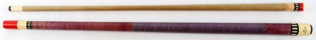 MEUCCI POOL CUE STICK WITH PROTECTOR IN RIFLE CASE: Meucci pool cue purple handle with cue protector in design of a 3 ball. In hard rifle case. In very good condition.