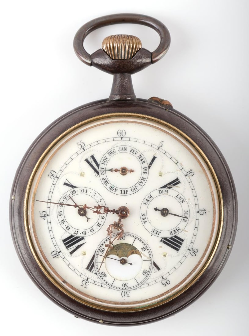 FRENCH MOON PHASE TRIPLE CALENDAR POCKET WATCH: Running, and keeping time, but all antique pocket watches should expect servicing, gun metal, 53 mm porcelain un cracked face, 70 mm overall, French steel case Garanti. Very nice example.