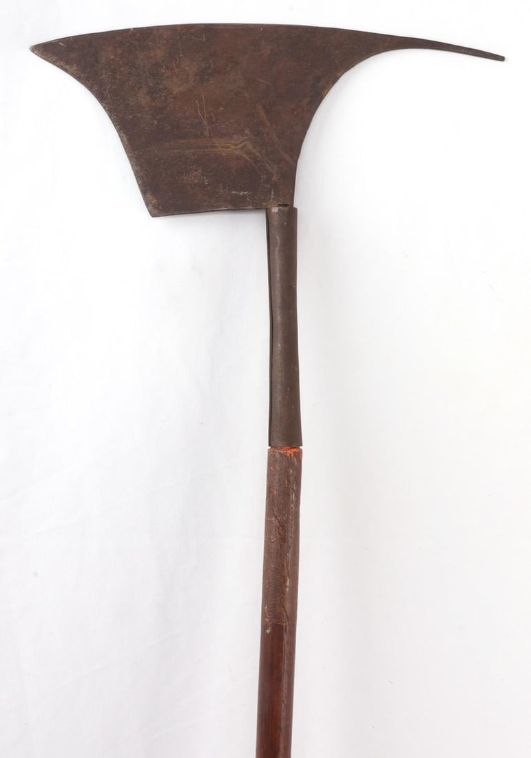 KALINGA DOUBLE-BLADED HEADHUNTERS AXE & SPEAR: Double-bladed spear and headhunter's axe made by the Kalinga people of the Philippines. Spear head is 12.75 inches. Axe head is 11 X 4.5, measuring blade to claw. Spearhead is not secured to other end