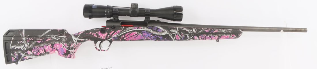 6.5CR SAVAGE 57478 AXIS II XP RIFLE WITH OPTIC NIB: New in box with 22-inch sporter barrel, Bushnell Banner optic and FDE synthetic stock. Mossy oak breakup camo in pink and purple. MPN 57478 FFL required for transfer. No international shipping. Know y