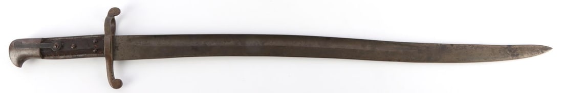 MODEL 1868 BRITISH MARTINI HENRY SABER BAYONET: Model 1868 British Martini Henry saber bayonet. Blade stamped with profile of monarch, guard stamped "L," pommel stamped "141". 23-inch blade, 5-inch handle. Significant wear to wooden handle. Good co
