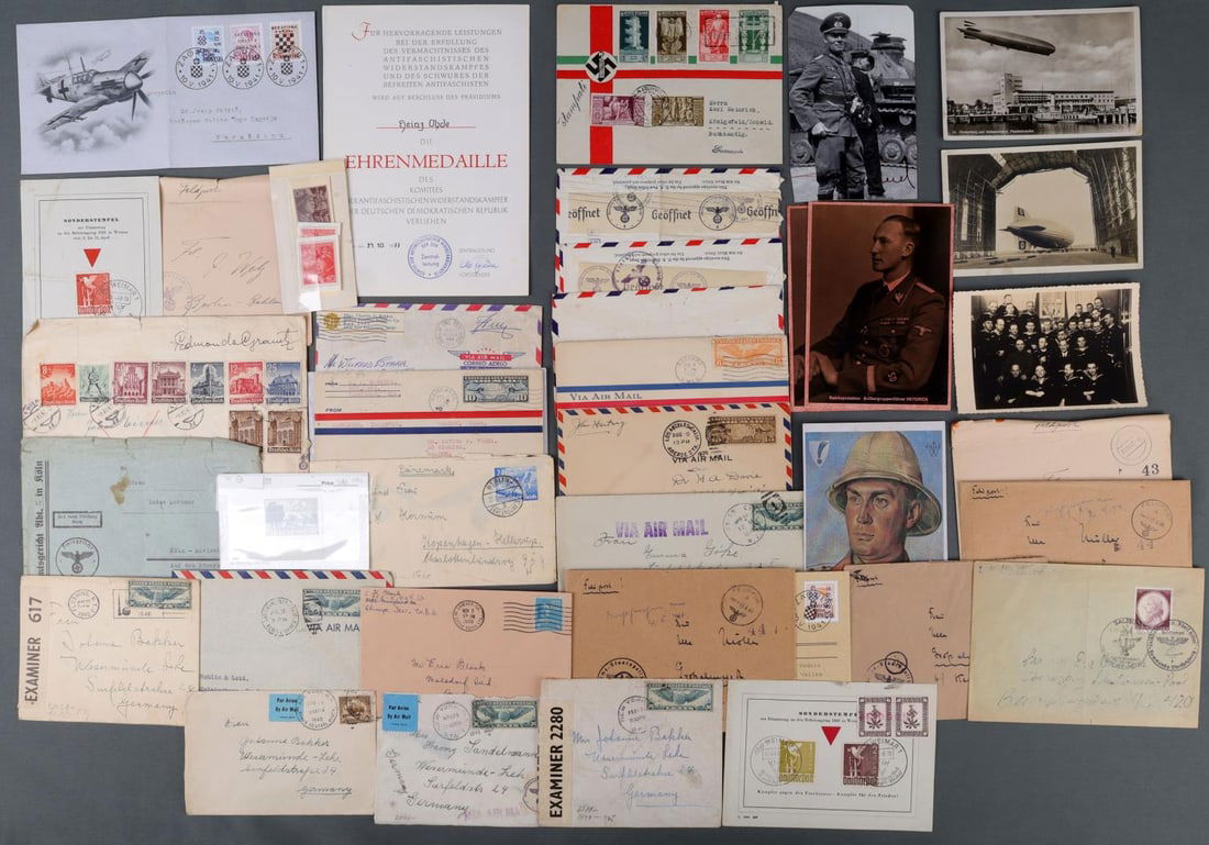 WWII GERMAN THIRD REICH AND US POSTAGE AND STAMPS: 27 envelopes, ranging from 4 1/2 inches to 8 1/2 inches.19 stamps, ranging from 1 to 1 1/2 inches. 6 WWII German post cards, ranging from 5 1/8 to 5 7/8 inches. Very good condition. Unauthenticated, s